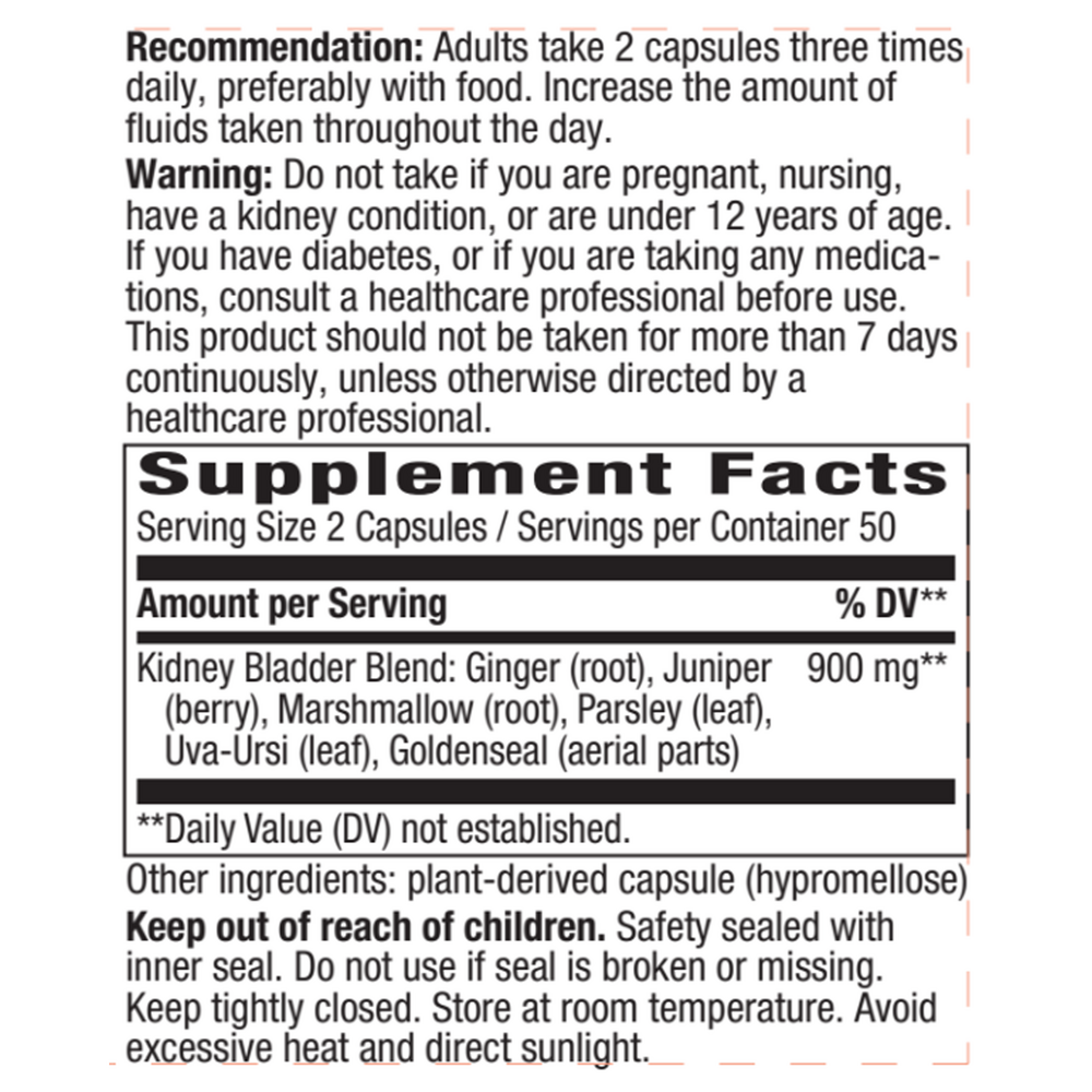 A close-up of a supplement facts label with text about recommendation and warning, plus a Supplement Facts panel showing serving size 2 capsules and 900 mg per serving for Kidney Bladder Blend.