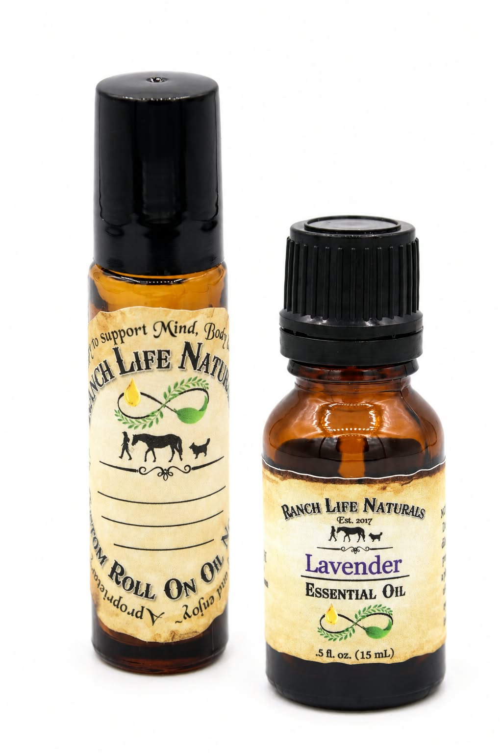 glass amber roller bottle and lavender essential oil in glass amber bottle.