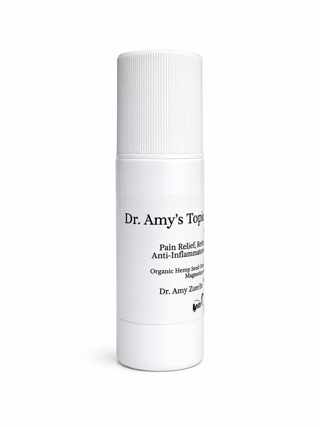 A white cylindrical roll-on bottle of Dr. Amy's Topical Pain Relief Balm on a clean white background.