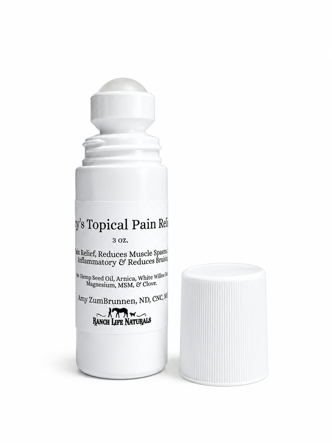 A white roll-on bottle of Kancel Lake Herpetopia 'Guy's Topical Pain Relief' with its cap removed and placed beside it on a clean white background.