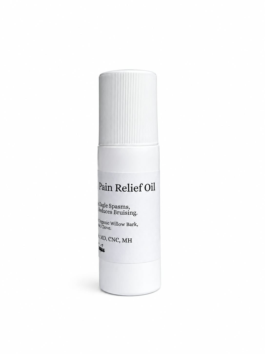 A white cylindrical bottle of Pain Relief Oil with a ribbed screw cap, shown on a clean white background.