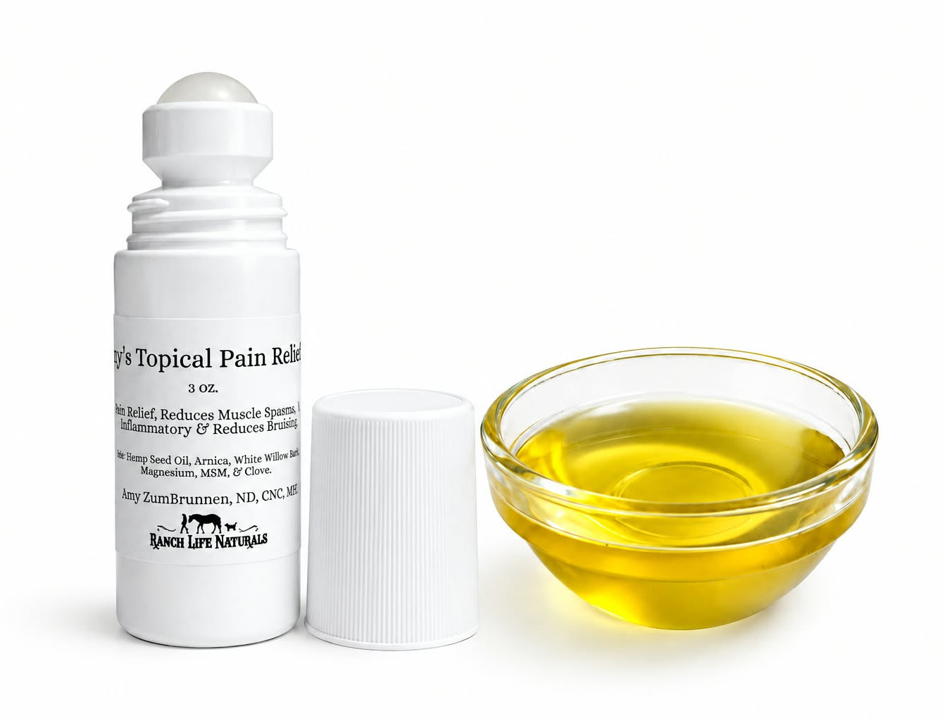 A white roll-on bottle of topical pain relief with its cap removed, shown next to a small clear glass bowl filled with yellow oil on a white background.