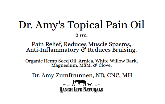 Product label for Dr. Amy’s Topical Pain Relief Oil.