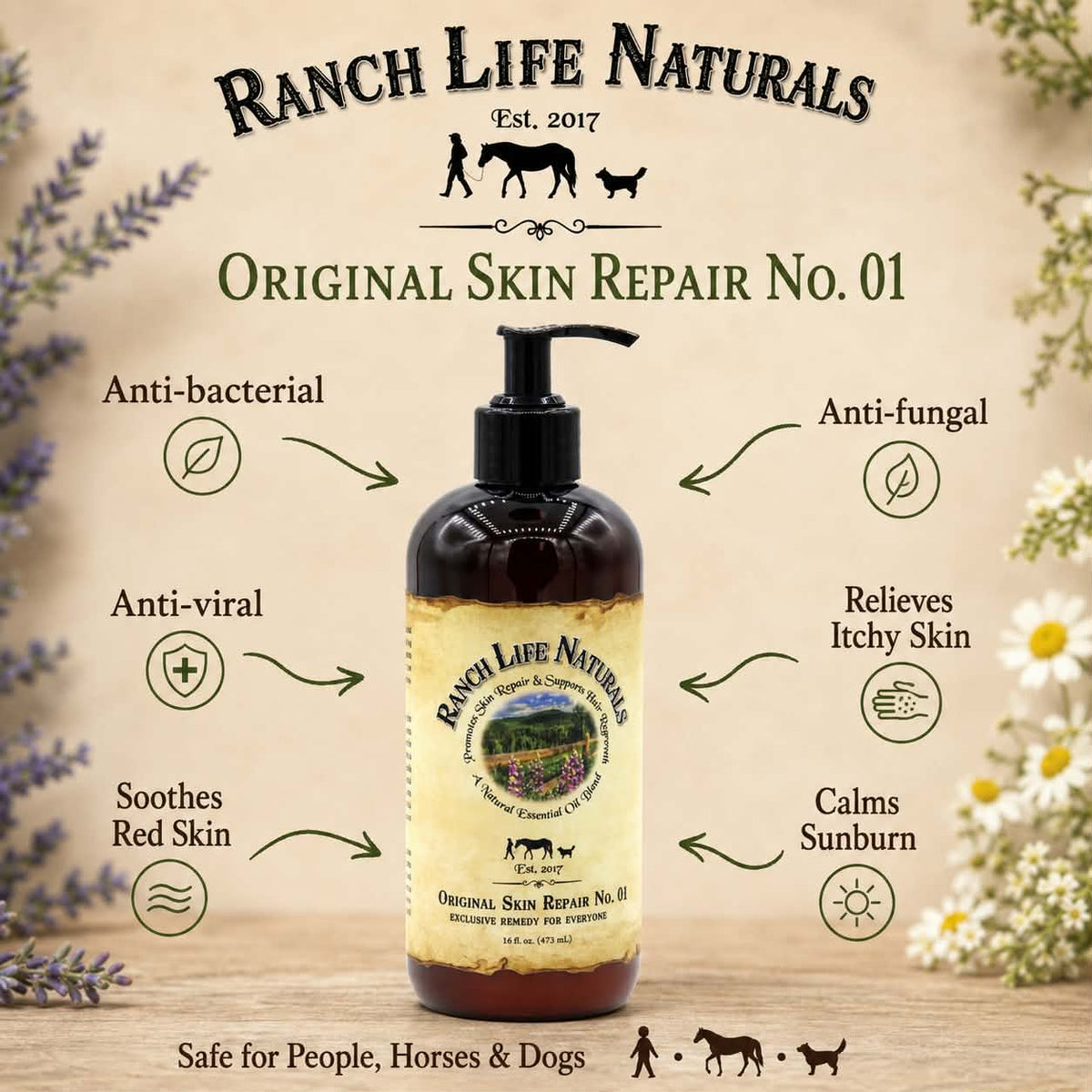 A bottle of Ranch Life Naturals Original Skin Repair No. 01 shown on a rustic beige background with decorative flowers and text listing benefits.
