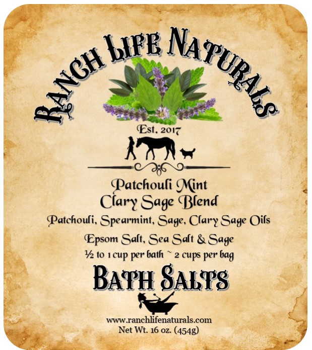 Bath Salts ~ Patchouli Mint Clary Sage Blend ~ 16 oz.